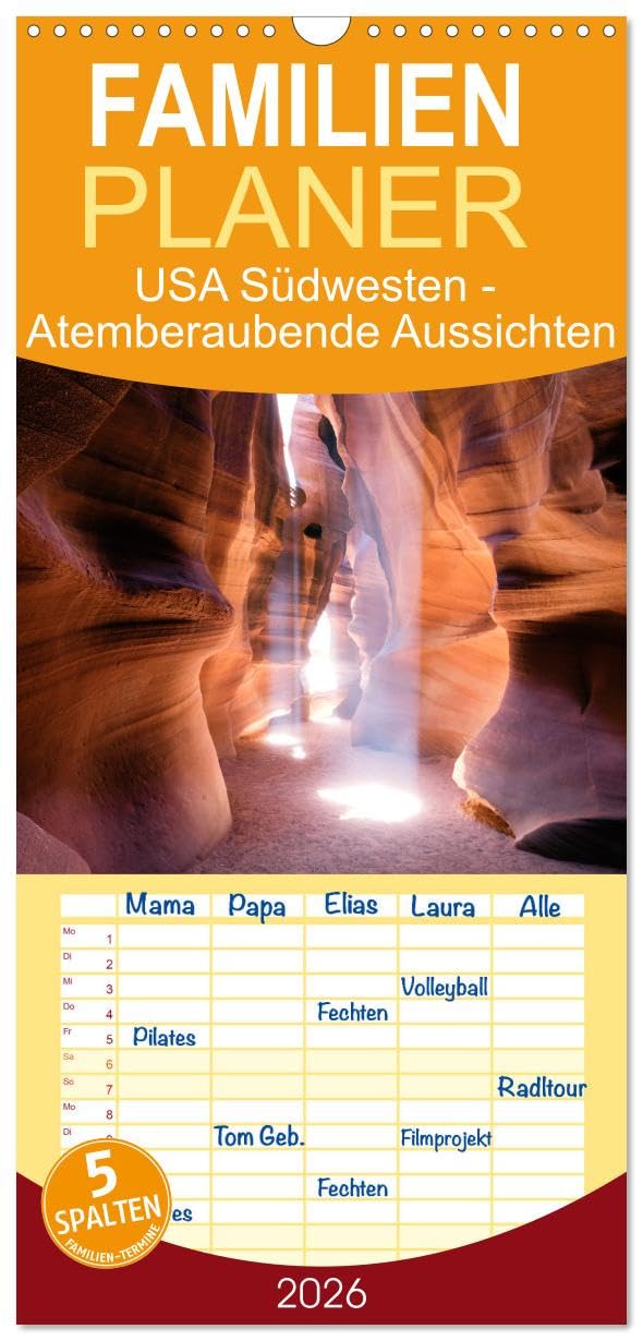 Familienplaner 2026 - USA Südwesten - Atemberaubende Aussichten mit 5 Spalten (Wandkalender, 21 cm x 45 cm), CALVENDO Photography