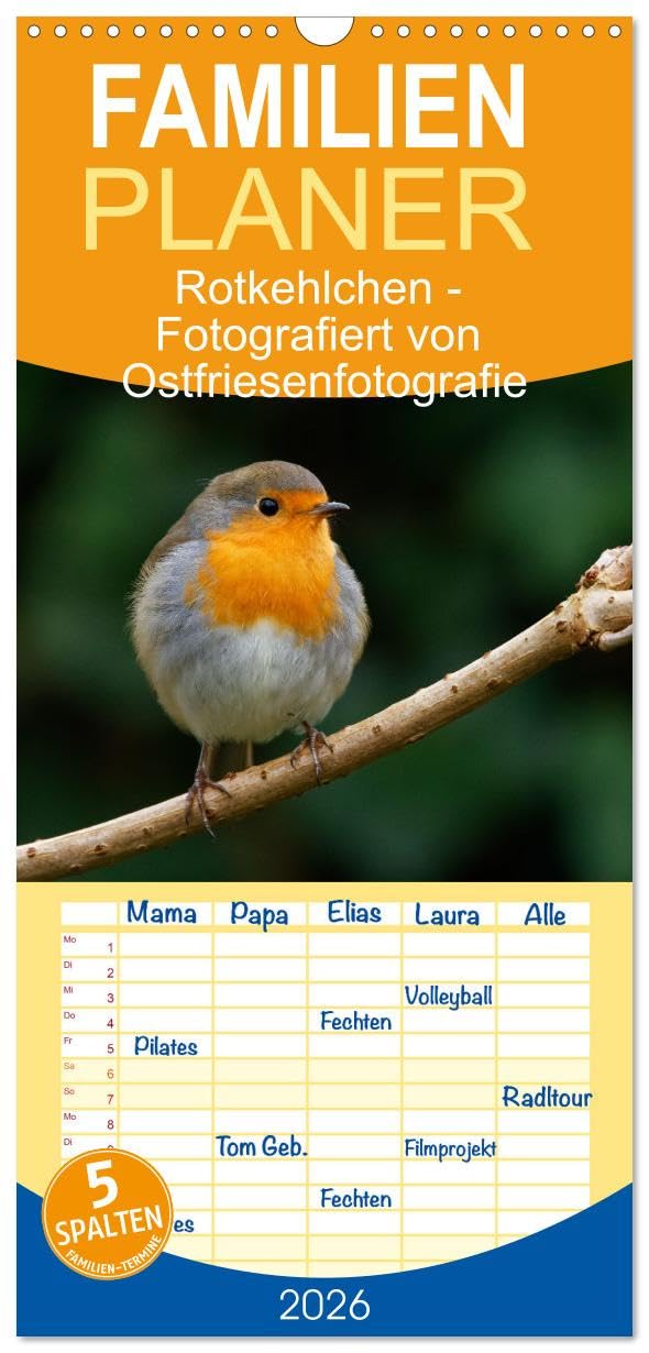 Familienplaner 2026 - Rotkehlchen - Fotografiert von Ostfriesenfotografie mit 5 Spalten (Wandkalender, 21 cm x 45 cm), CALVENDO Natural Sciences
