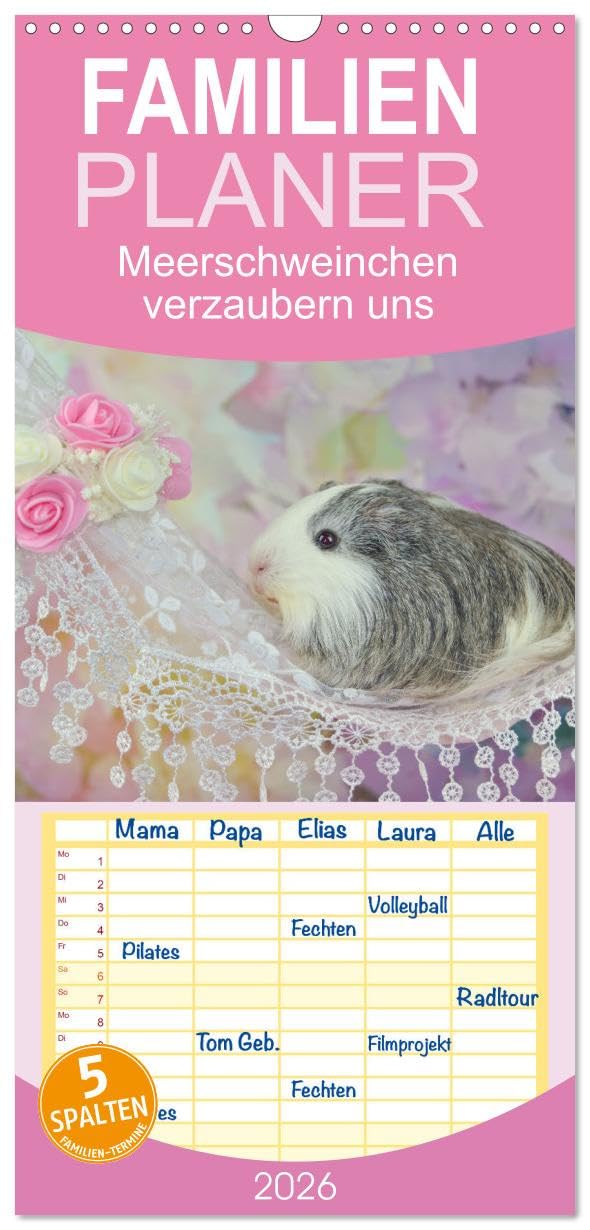 Familienplaner 2026 - Familienplaner MEERSCHWEINCHEN verzaubern uns mit 5 Spalten (Wandkalender, 21 cm x 45 cm), CALVENDO Social Sciences