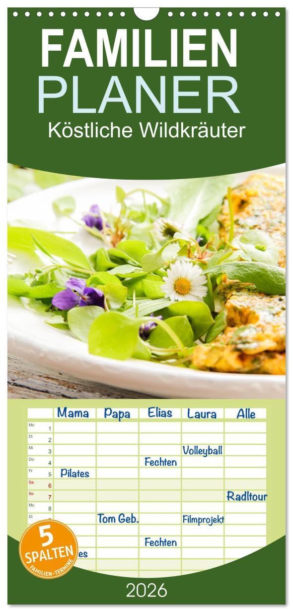 Familienplaner 2026 - Köstliche Wildkräuter mit 5 Spalten (Wandkalender, 21 cm x 45 cm), CALVENDO Leisure, Home & Garden