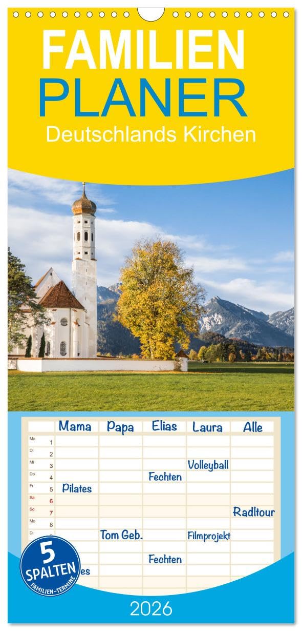 Familienplaner 2026 - Deutschlands Kirchen mit 5 Spalten (Wandkalender, 21 cm x 45 cm), CALVENDO Leisure, Home & Garden