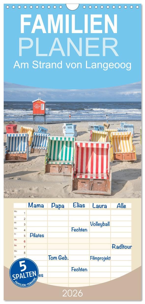 Familienplaner 2026 - Am Strand von Langeoog mit 5 Spalten (Wandkalender, 21 cm x 45 cm), CALVENDO Film, Art & Culture