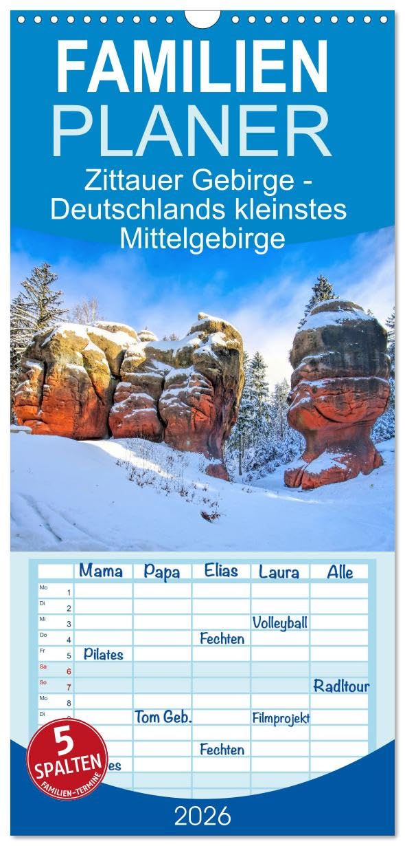 Familienplaner 2026 - Zittauer Gebirge - Deutschlands kleinstes Mittelgebirge mit 5 Spalten (Wandkalender, 21 cm x 45 cm), CALVENDO Leisure, Home & Garden