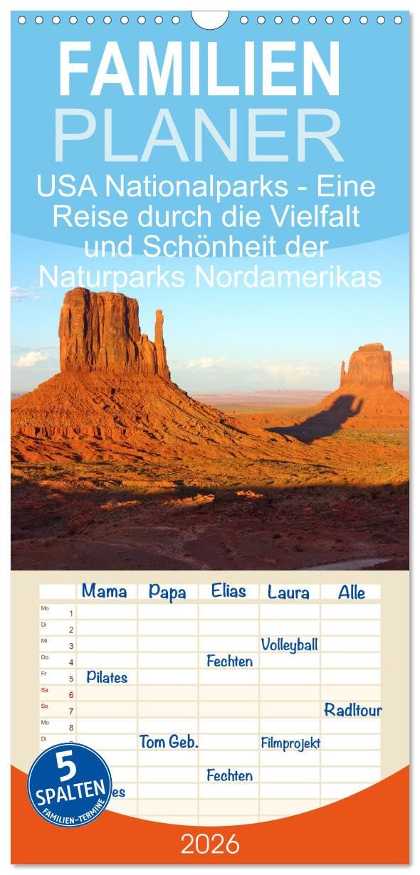 Familienplaner 2026 - USA Nationalparks - Eine Reise durch die Vielfalt und Schönheit der Naturparks Nordamerikas mit 5 Spalten (Wandkalender, 21 cm x 45 cm), CALVENDO Film, Art & Culture