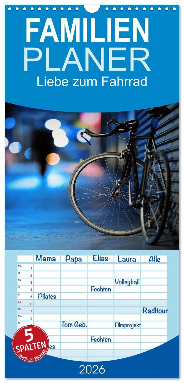 Familienplaner 2026 - Liebe zum Fahrrad mit 5 Spalten (Wandkalender, 21 cm x 45 cm), CALVENDO Film, Art & Culture