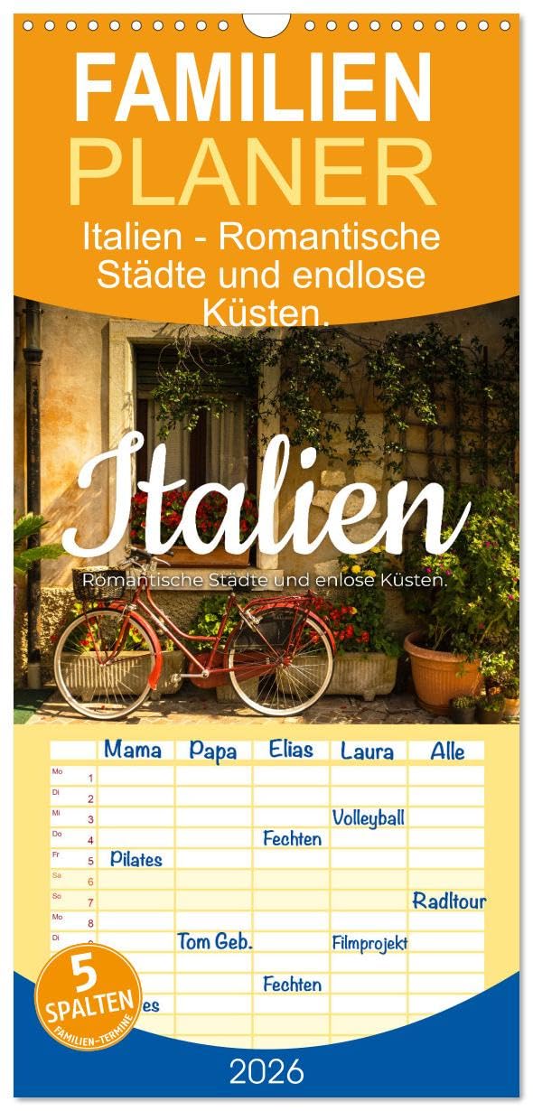 Familienplaner 2026 - Italien - Romantische Städte und endlose Küsten. mit 5 Spalten (Wandkalender, 21 cm x 45 cm), CALVENDO Film, Art & Culture