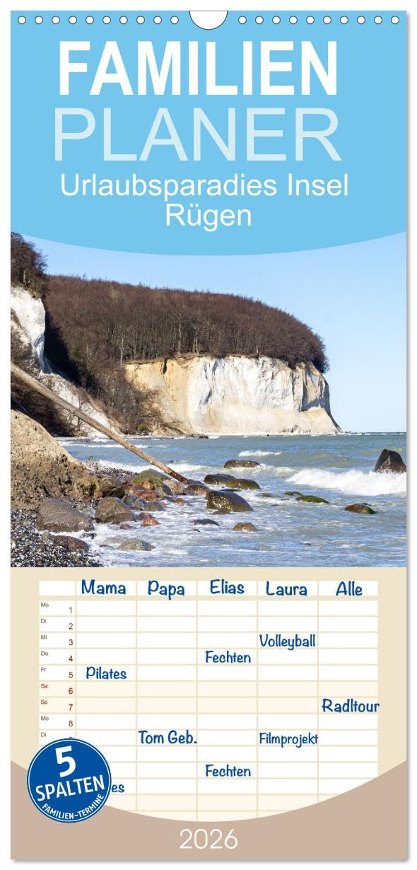 Familienplaner 2026 - Urlaubsparadies Insel Rügen mit 5 Spalten (Wandkalender, 21 cm x 45 cm), CALVENDO Leisure, Home & Garden