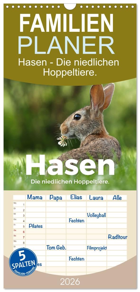 Familienplaner 2026 - Hasen - Die niedlichen Hoppeltiere. mit 5 Spalten (Wandkalender, 21 cm x 45 cm), CALVENDO Leisure, Home & Garden