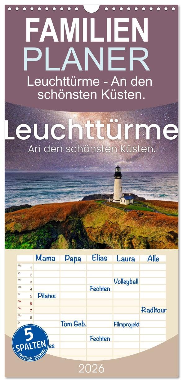 Familienplaner 2026 - Leuchttürme - An den schönsten Küsten. mit 5 Spalten (Wandkalender, 21 cm x 45 cm), CALVENDO Leisure, Home & Garden
