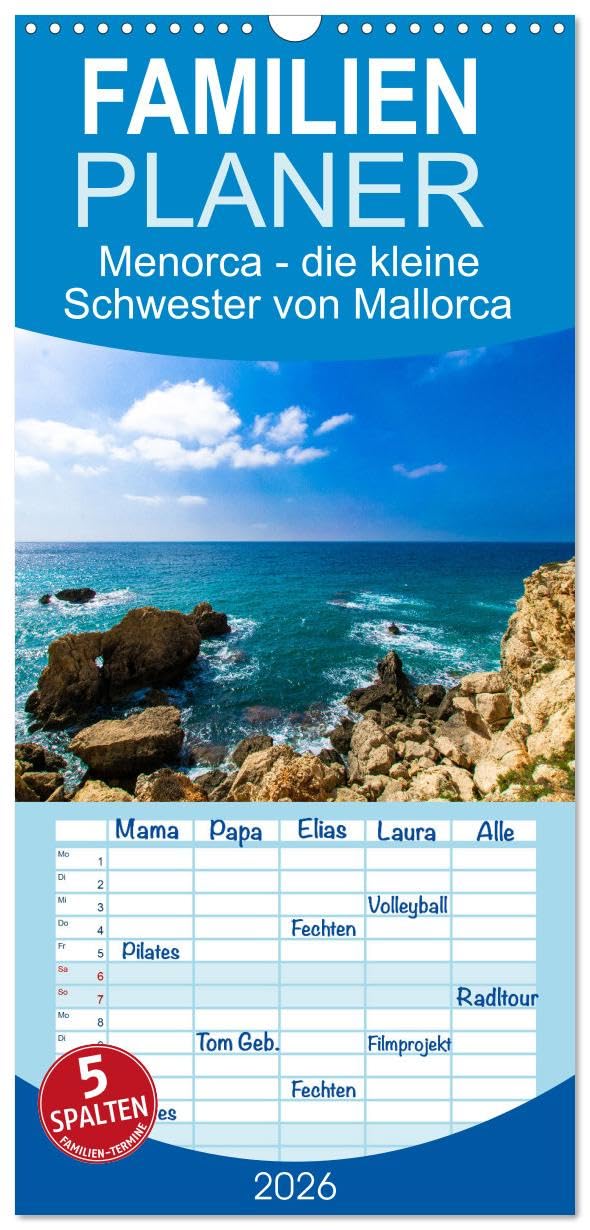 Familienplaner 2026 - Menorca - die kleine Schwester von Mallorca mit 5 Spalten (Wandkalender, 21 cm x 45 cm), CALVENDO Leisure, Home & Garden
