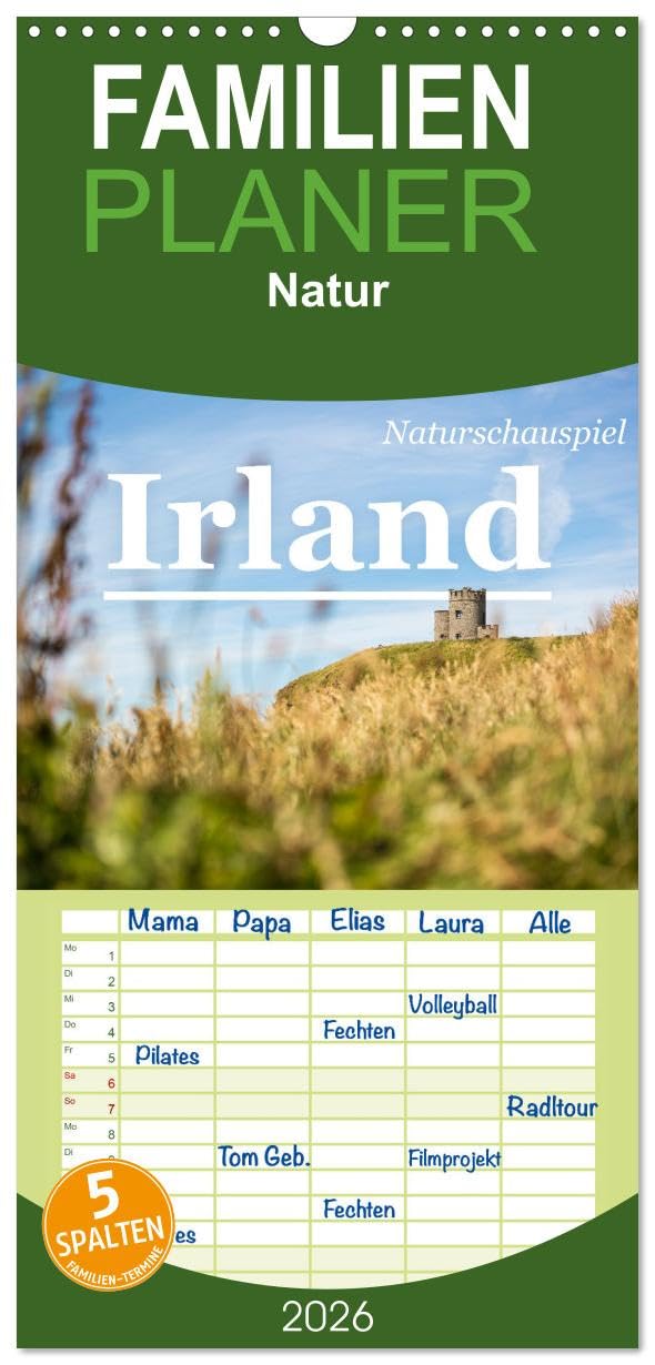 Familienplaner 2026 - Naturschauspiel Irland mit 5 Spalten (Wandkalender, 21 cm x 45 cm), CALVENDO Leisure, Home & Garden