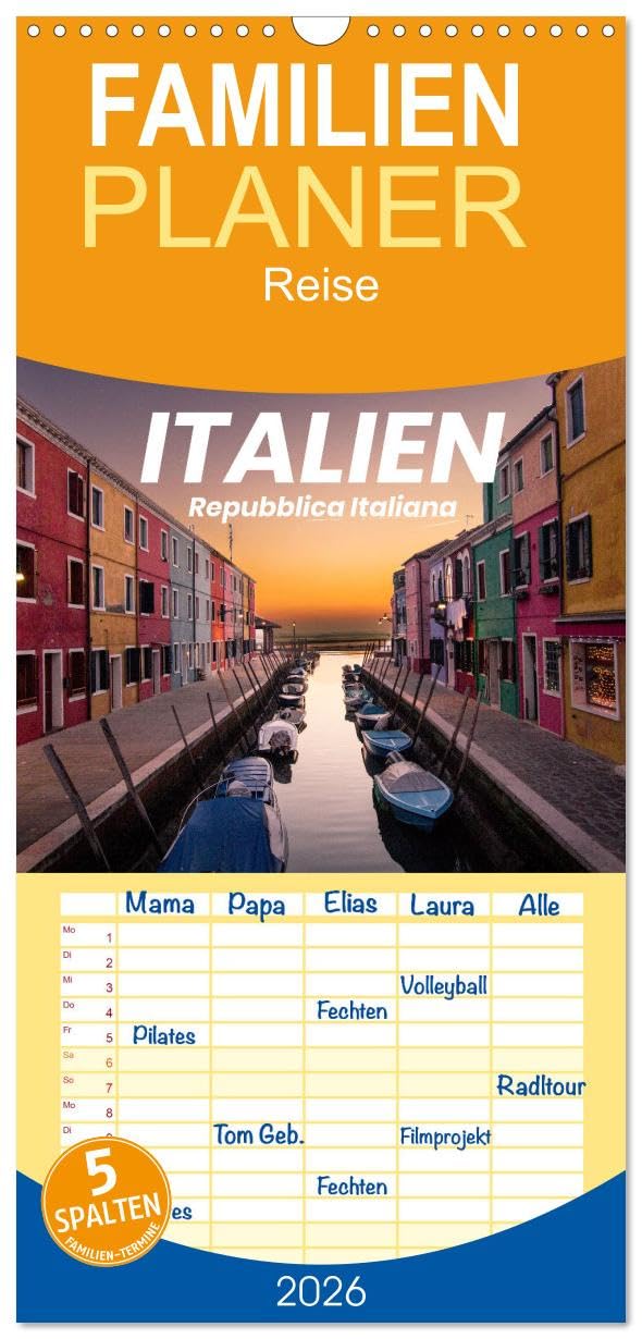 Familienplaner 2026 - Italien - einzigartige Motive mit 5 Spalten (Wandkalender, 21 cm x 45 cm), CALVENDO Leisure, Home & Garden