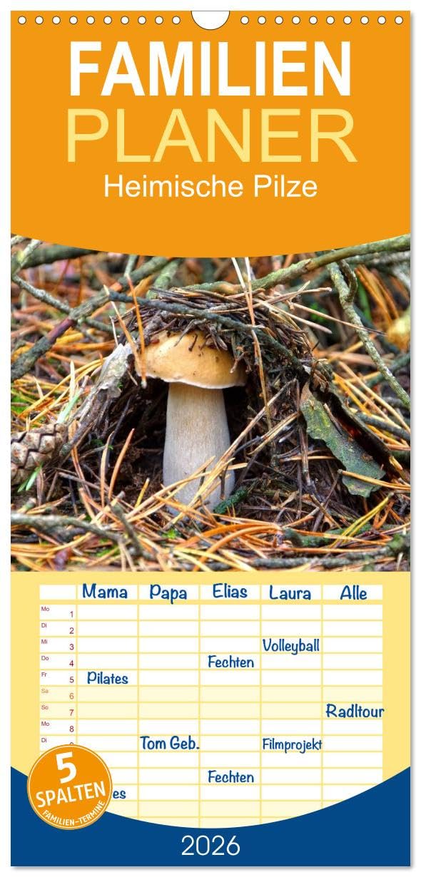 Familienplaner 2026 - Heimische Pilze mit 5 Spalten (Wandkalender, 21 cm x 45 cm), CALVENDO Leisure, Home & Garden