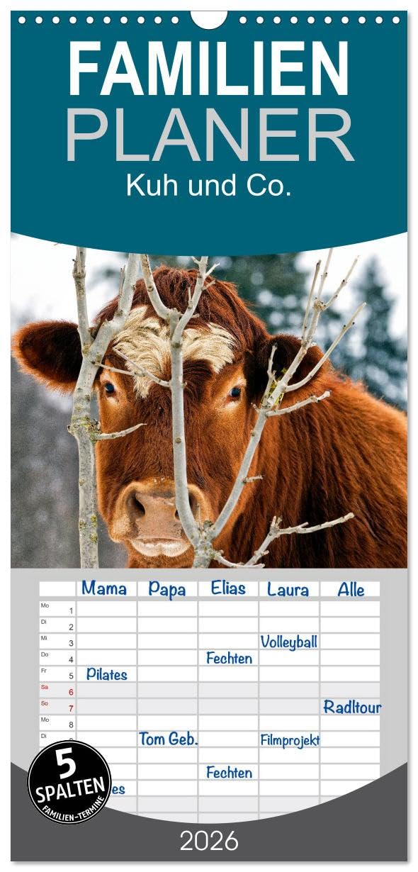 Familienplaner 2026 - Kuh und Co. mit 5 Spalten (Wandkalender, 21 cm x 45 cm), CALVENDO Natural Sciences