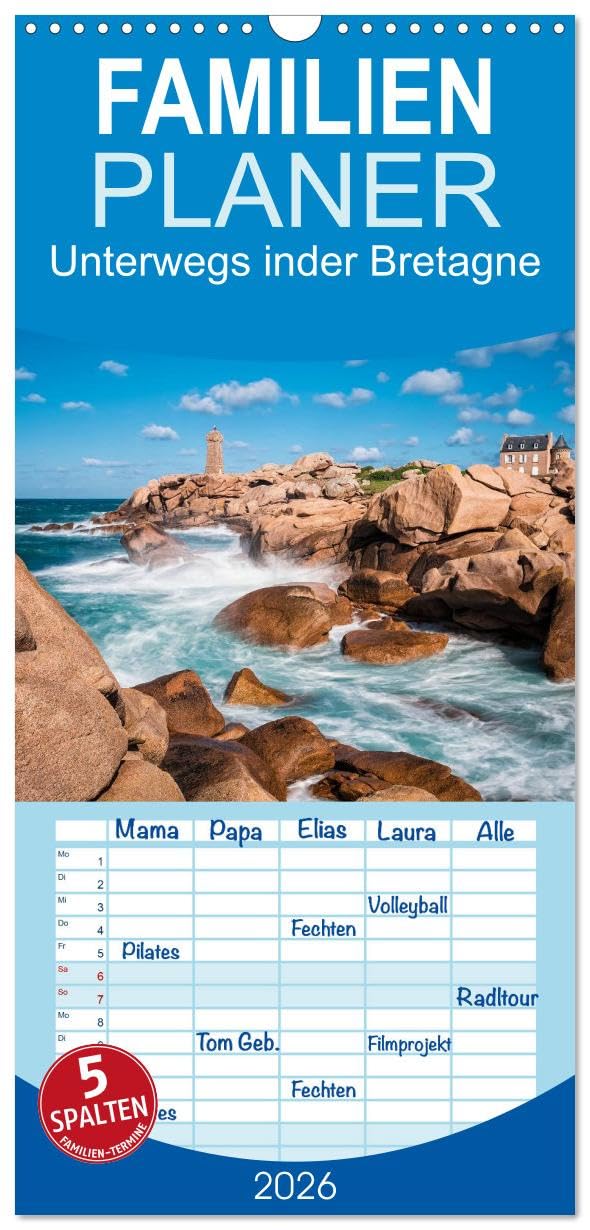 Familienplaner 2026 - Unterwegs in der Bretagne mit 5 Spalten (Wandkalender, 21 cm x 45 cm), CALVENDO Film, Art & Culture