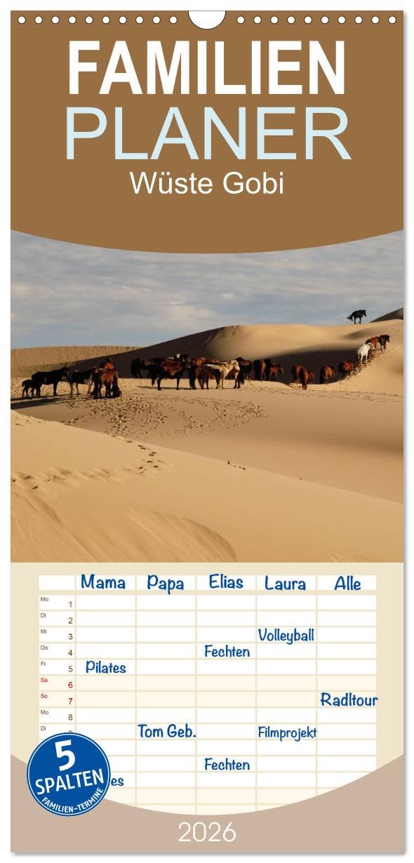 Familienplaner 2026 - Wüste Gobi mit 5 Spalten (Wandkalender, 21 cm x 45 cm), CALVENDO Natural Sciences