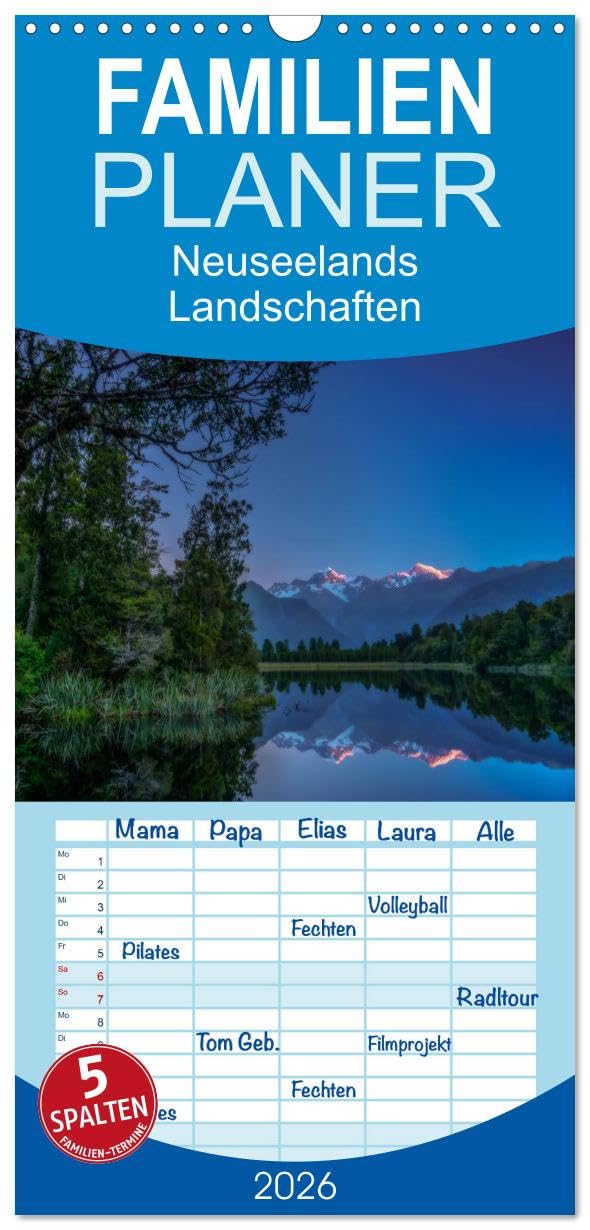 Familienplaner 2026 - Neuseelands Landschaften mit 5 Spalten (Wandkalender, 21 cm x 45 cm), CALVENDO Leisure, Home & Garden