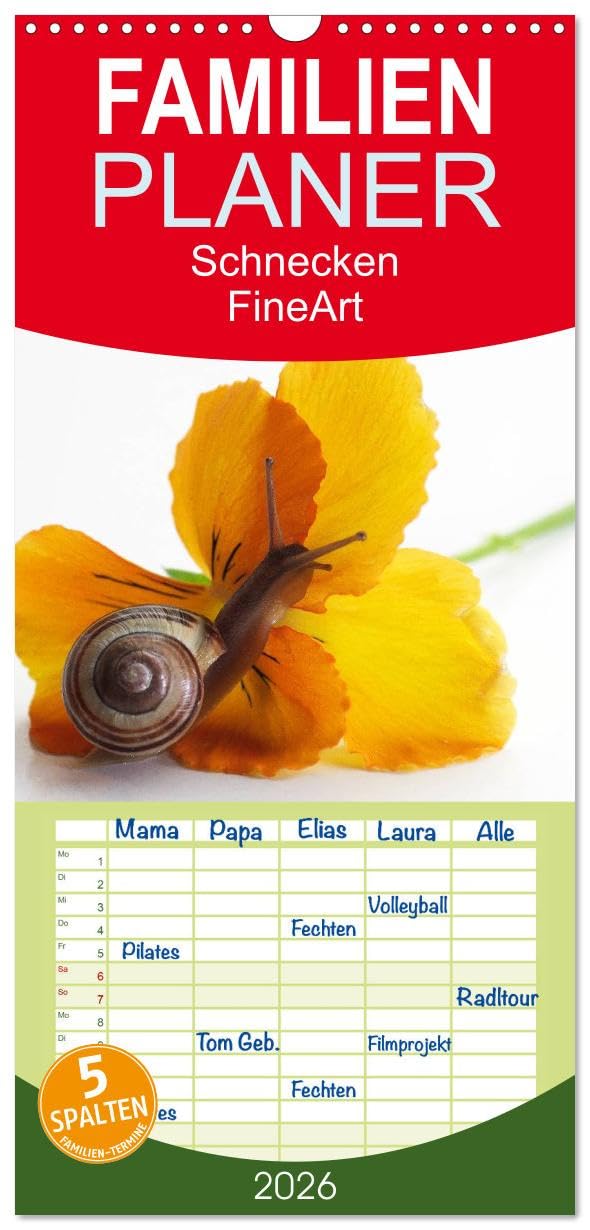 Familienplaner 2026 - Schnecken FineArt mit 5 Spalten (Wandkalender, 21 cm x 45 cm), CALVENDO Social Sciences