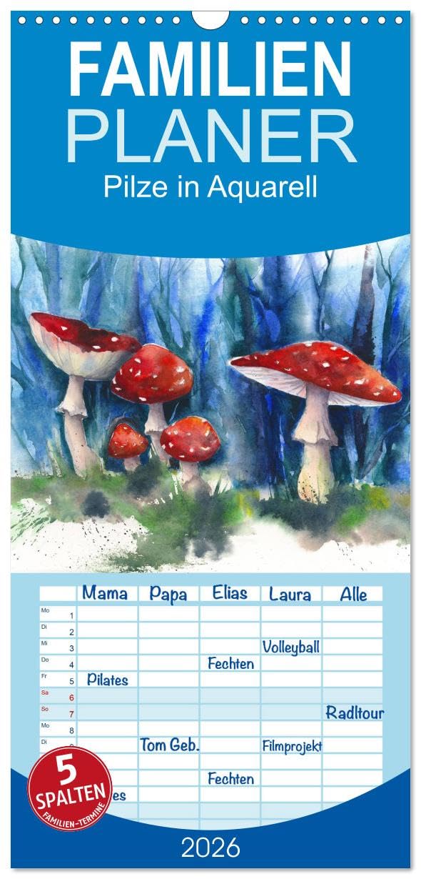 Familienplaner 2026 - Pilze in Aquarell mit 5 Spalten (Wandkalender, 21 cm x 45 cm), CALVENDO Leisure, Home & Garden