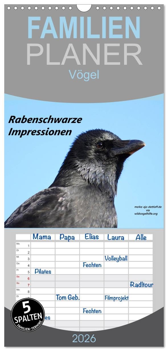 Familienplaner 2026 - Rabenschwarze Impressionen - meike-ajo-dettlaff.de via wildvogelhlfe.org mit 5 Spalten (Wandkalender, 21 cm x 45 cm), CALVENDO Garden & Plants