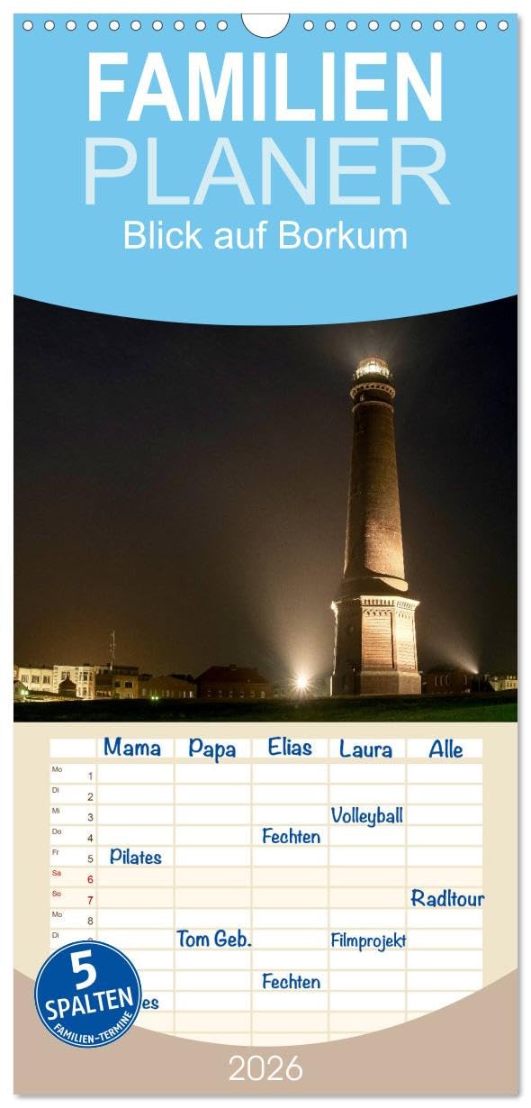 Familienplaner 2026 - Blick auf Borkum mit 5 Spalten (Wandkalender, 21 cm x 45 cm), CALVENDO Social Sciences