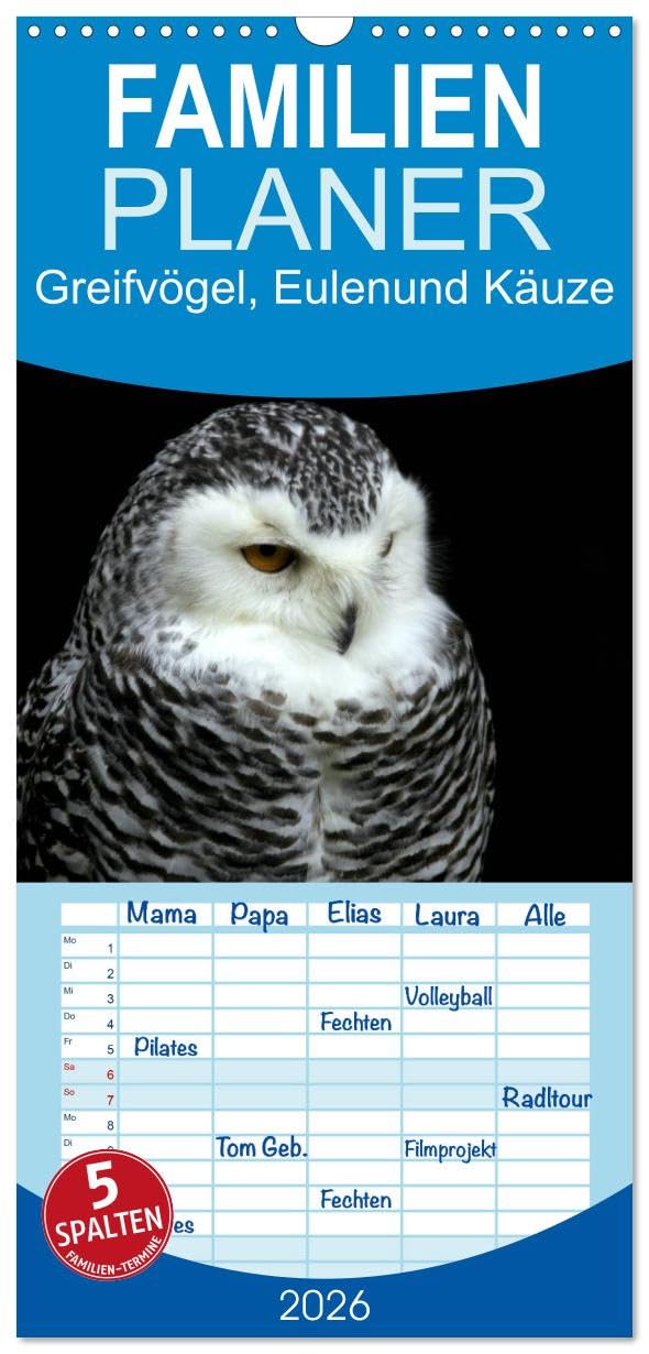 Familienplaner 2026 - Greifvögel, Eulen und Käuze mit 5 Spalten (Wandkalender, 21 cm x 45 cm), CALVENDO Social Sciences