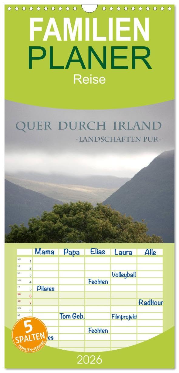 Familienplaner 2026 - Quer durch Irland - Landschaften pur mit 5 Spalten (Wandkalender, 21 cm x 45 cm), CALVENDO Leisure, Home & Garden
