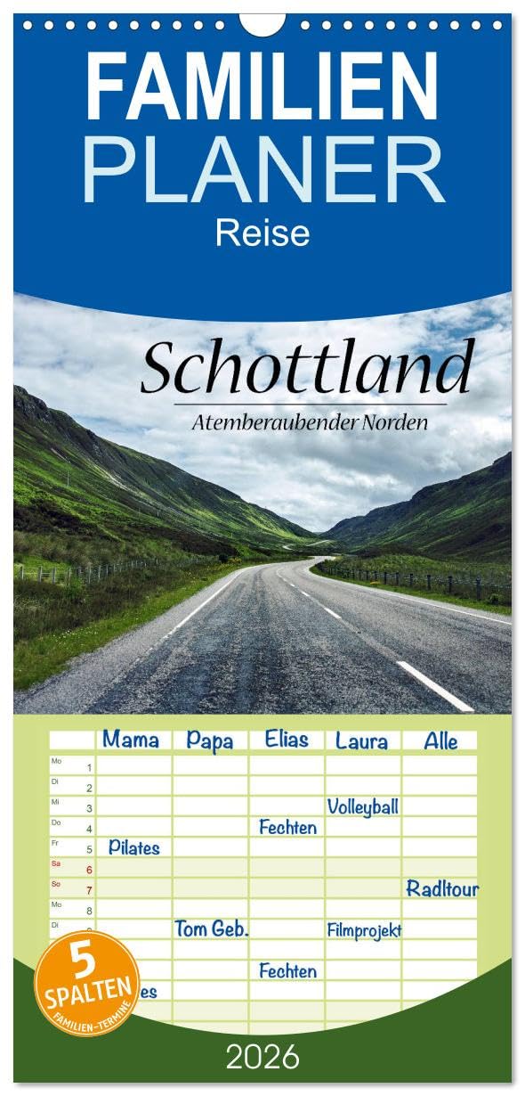 Familienplaner 2026 - Schottland, Atemberaubender Norden mit 5 Spalten (Wandkalender, 21 cm x 45 cm), CALVENDO Leisure, Home & Garden