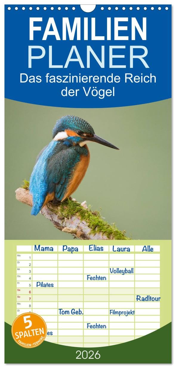 Familienplaner 2026 - Das faszinierende Reich der Vögel mit 5 Spalten (Wandkalender, 21 cm x 45 cm), CALVENDO Photography