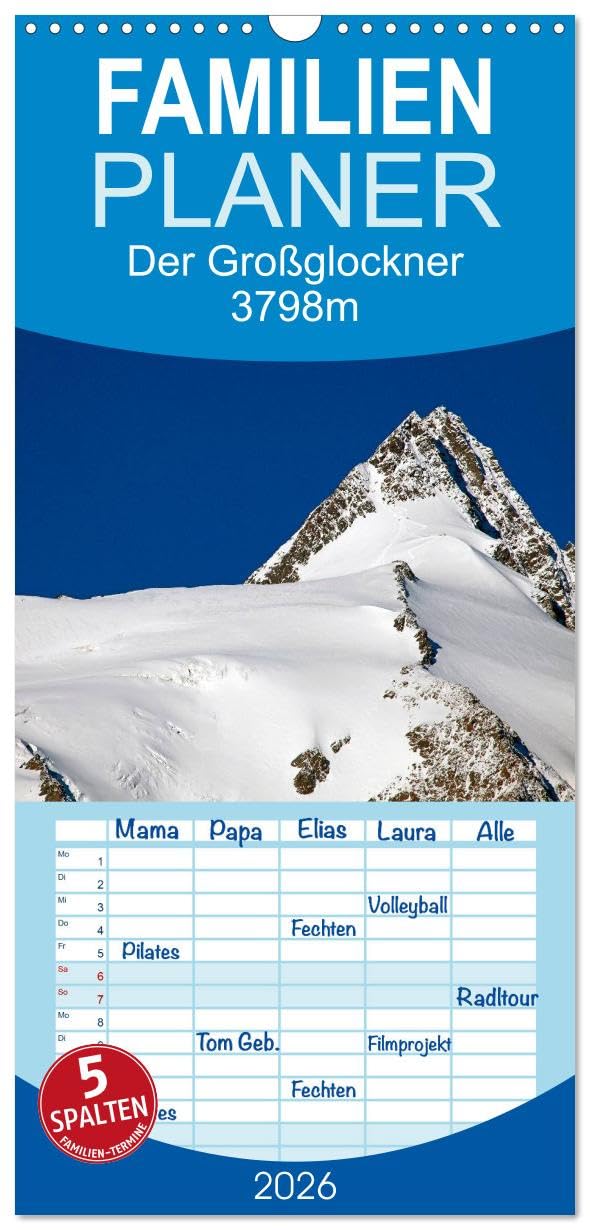 Familienplaner 2026 - Der Großglockner 3798m mit 5 Spalten (Wandkalender, 21 cm x 45 cm), CALVENDO Film, Art & Culture