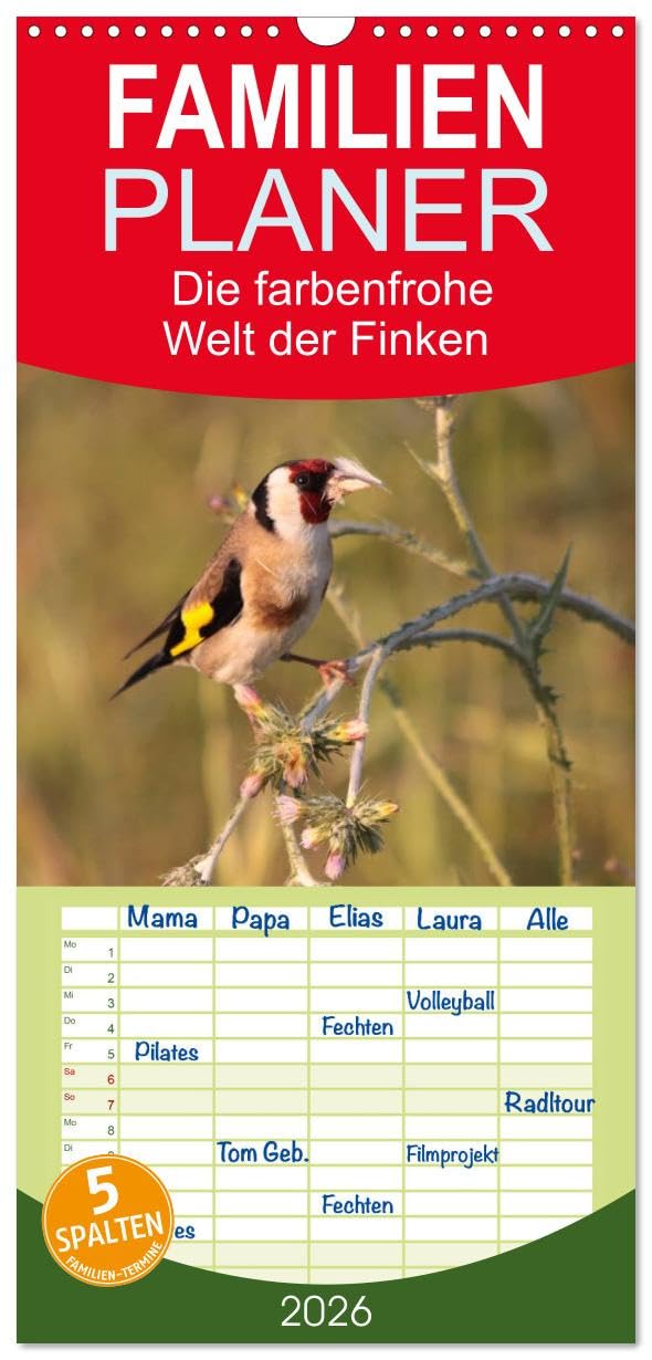 Familienplaner 2026 - Die farbenfrohe Welt der Finken mit 5 Spalten (Wandkalender, 21 cm x 45 cm), CALVENDO Natural Sciences