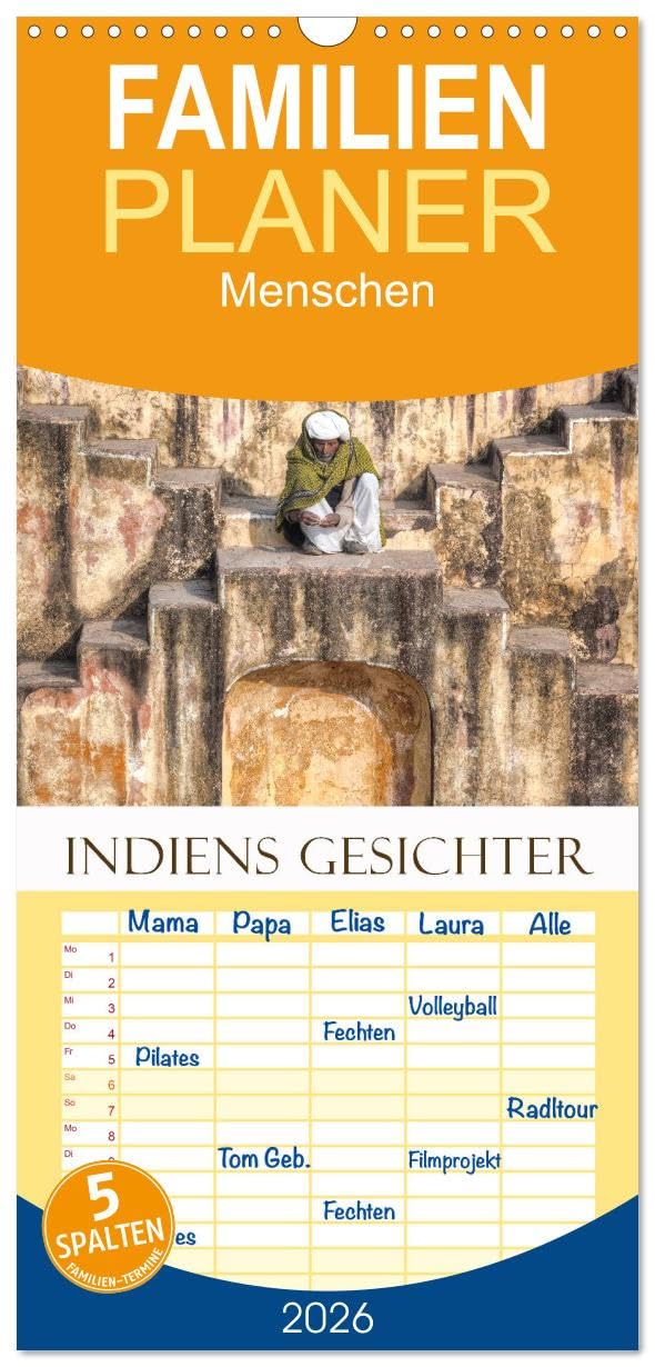 Familienplaner 2026 - Indiens Gesichter mit 5 Spalten (Wandkalender, 21 cm x 45 cm), CALVENDO Leisure, Home & Garden