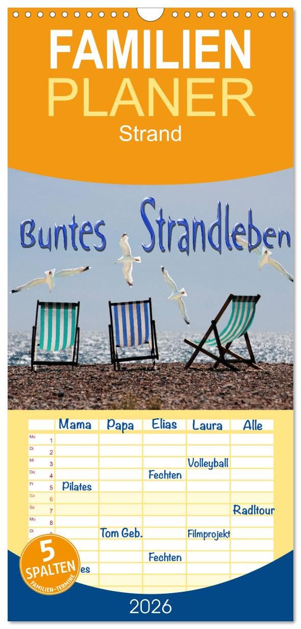 Familienplaner 2026 - Buntes Strandleben mit 5 Spalten (Wandkalender, 21 cm x 45 cm), CALVENDO Film, Art & Culture