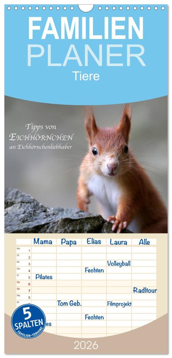 Familienplaner 2026 - Tipps von Eichhörnchen an Eichhörnchenliebhaber mit 5 Spalten (Wandkalender, 21 cm x 45 cm), CALVENDO Living & Furnishing