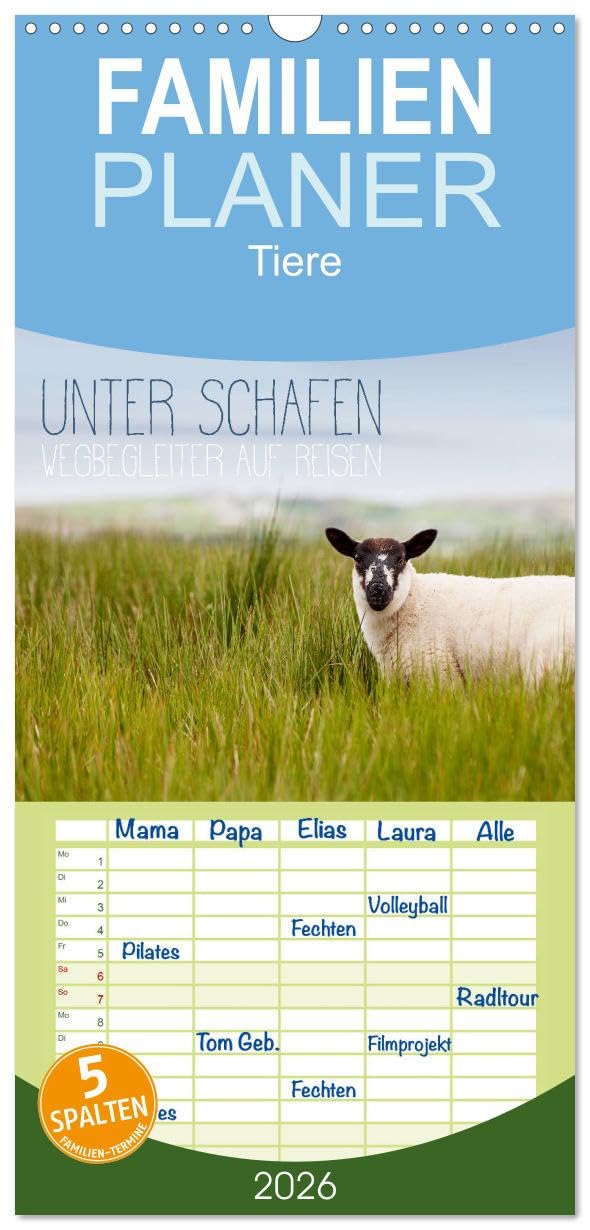 Familienplaner 2026 - Unter Schafen - Wegbegleiter auf Reisen mit 5 Spalten (Wandkalender, 21 cm x 45 cm), CALVENDO Film, Art & Culture