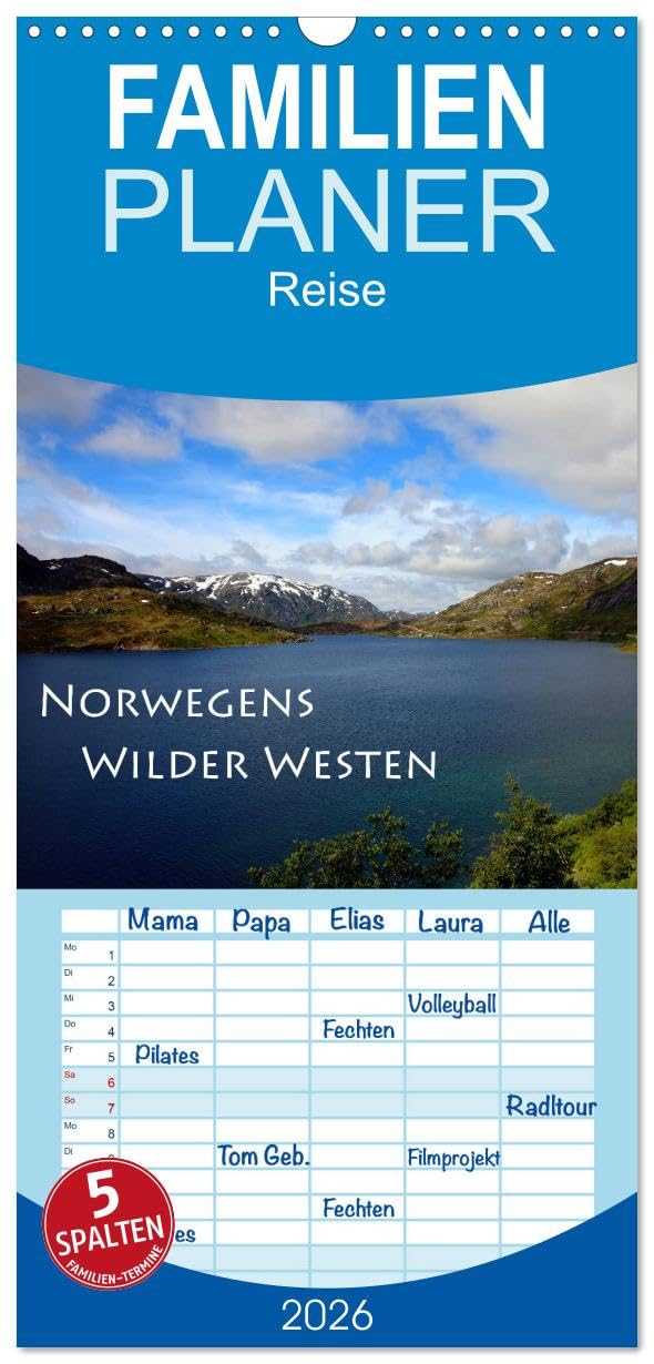 Familienplaner 2026 - Norwegens Wilder Westen mit 5 Spalten (Wandkalender, 21 cm x 45 cm), CALVENDO Leisure, Home & Garden