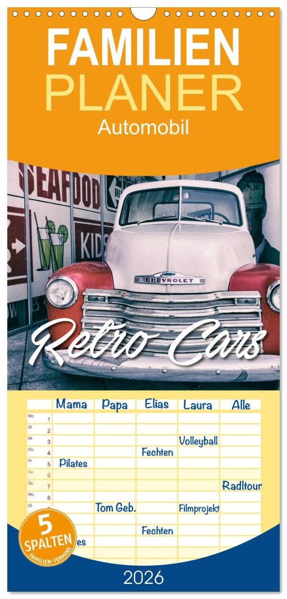 Familienplaner 2026 - Retro Cars mit 5 Spalten (Wandkalender, 21 cm x 45 cm), CALVENDO Living & Furnishing