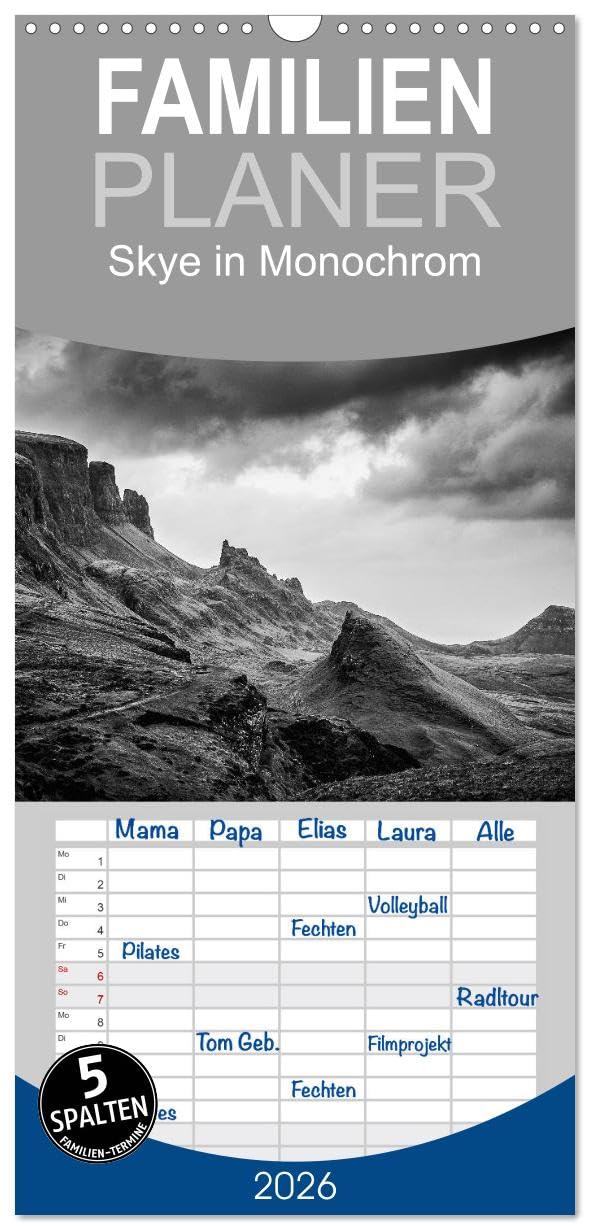 Familienplaner 2026 - Skye in Monochrom mit 5 Spalten (Wandkalender, 21 cm x 45 cm), CALVENDO Leisure, Home & Garden