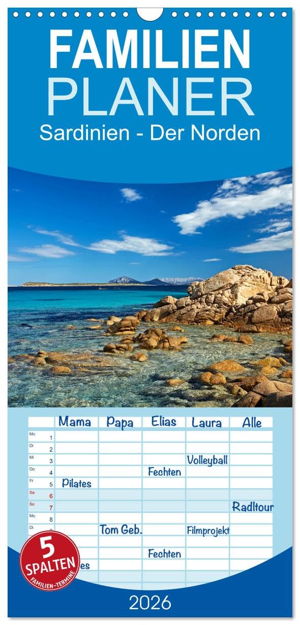 Familienplaner 2026 - Sardinien - Der Norden mit 5 Spalten (Wandkalender, 21 cm x 45 cm), CALVENDO Leisure, Home & Garden