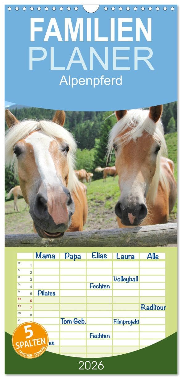 Familienplaner 2026 - Alpenpferde mit 5 Spalten (Wandkalender, 21 cm x 45 cm), CALVENDO Natural Sciences