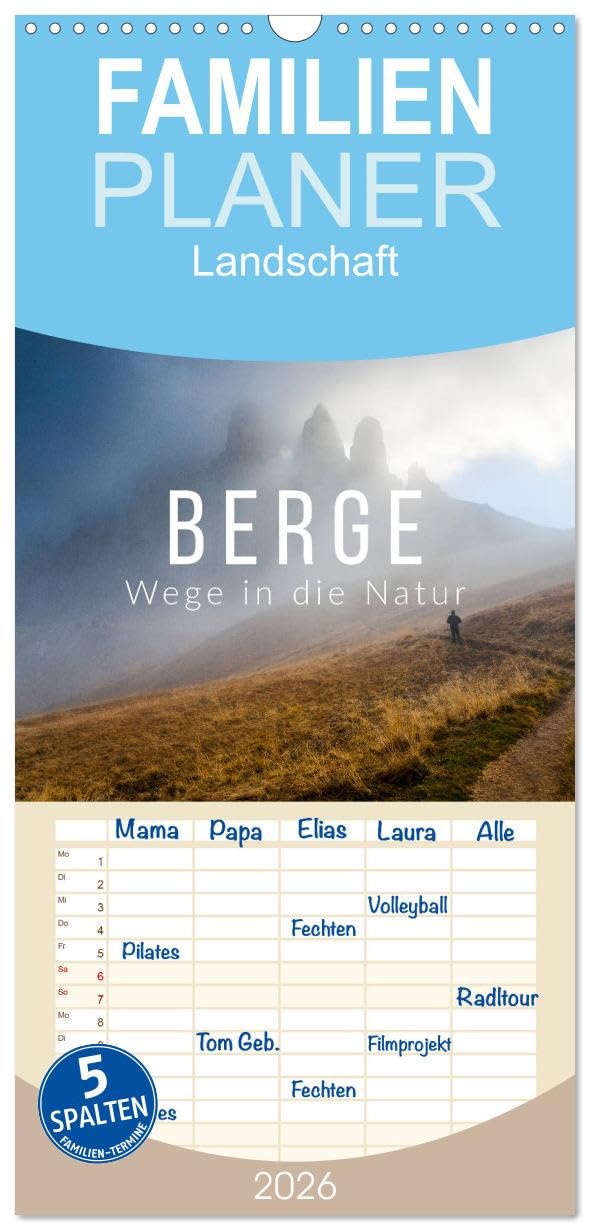 Familienplaner 2026 - Berge. Wege in die Natur mit 5 Spalten (Wandkalender, 21 cm x 45 cm), CALVENDO Film, Art & Culture