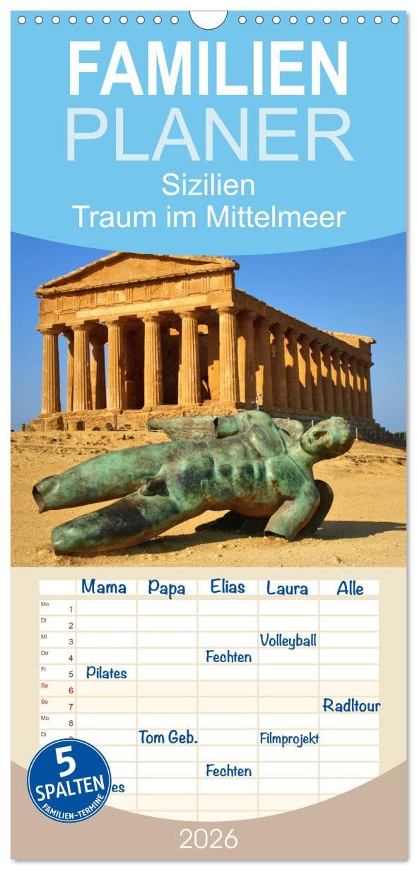 Familienplaner 2026 - Sizilien - Traum im Mittelmeer mit 5 Spalten (Wandkalender, 21 cm x 45 cm), CALVENDO Leisure, Home & Garden