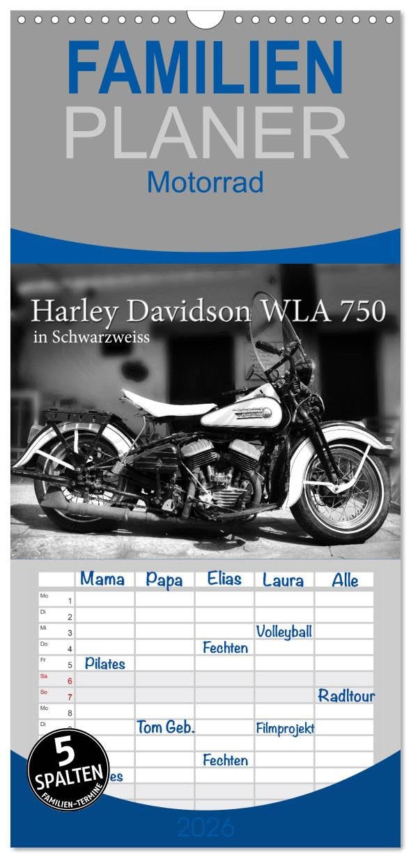Familienplaner 2026 - Harley Davidson WLA 750 in Schwarzweiss mit 5 Spalten (Wandkalender, 21 cm x 45 cm), CALVENDO Photography