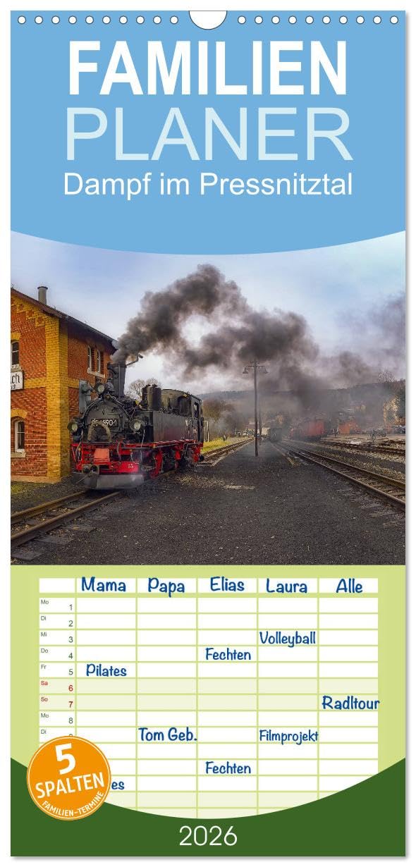 Familienplaner 2026 - Dampf im Pressnitztal mit 5 Spalten (Wandkalender, 21 cm x 45 cm), CALVENDO Leisure, Home & Garden