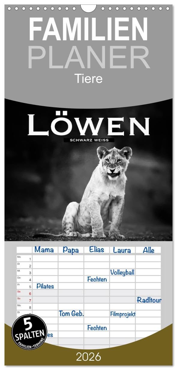 Familienplaner 2026 - Löwen schwarz weiß mit 5 Spalten (Wandkalender, 21 cm x 45 cm), CALVENDO Pets