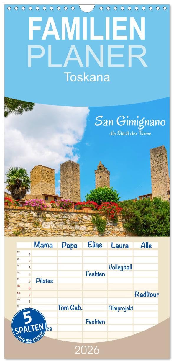 Familienplaner 2026 - San Gimignano, die Stadt der Türme mit 5 Spalten (Wandkalender, 21 cm x 45 cm), CALVENDO Leisure, Home & Garden