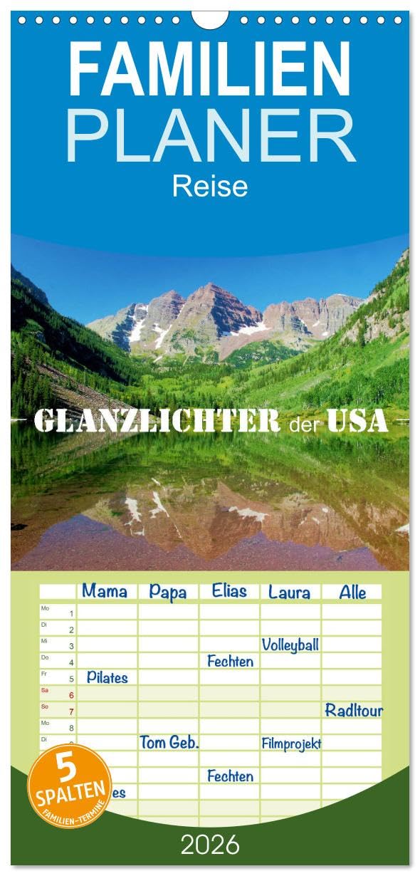 Familienplaner 2026 - Glanzlichter der USA mit 5 Spalten (Wandkalender, 21 cm x 45 cm), CALVENDO Photography