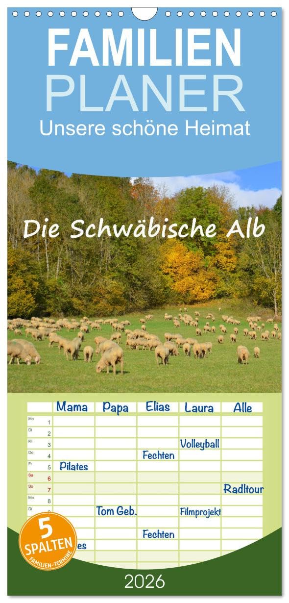 Familienplaner 2026 - Unsere schöne Heimat - Die Schwäbische Alb mit 5 Spalten (Wandkalender, 21 cm x 45 cm), CALVENDO Film, Art & Culture