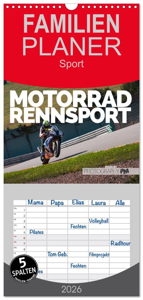 Familienplaner 2026 - Motorrad Rennsport mit 5 Spalten (Wandkalender, 21 cm x 45 cm), CALVENDO Leisure, Home & Garden