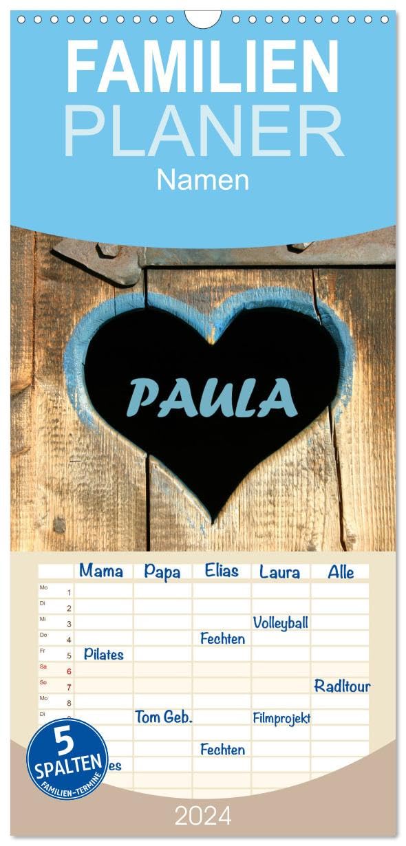 Familienplaner 2026 - PAULA-Namenskalender mit 5 Spalten (Wandkalender, 21 cm x 45 cm), CALVENDO Film, Art & Culture